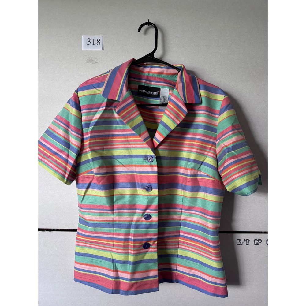 Vintage Multi Color Striped Short Sleeve Button Up Blouse Notched Collar Top